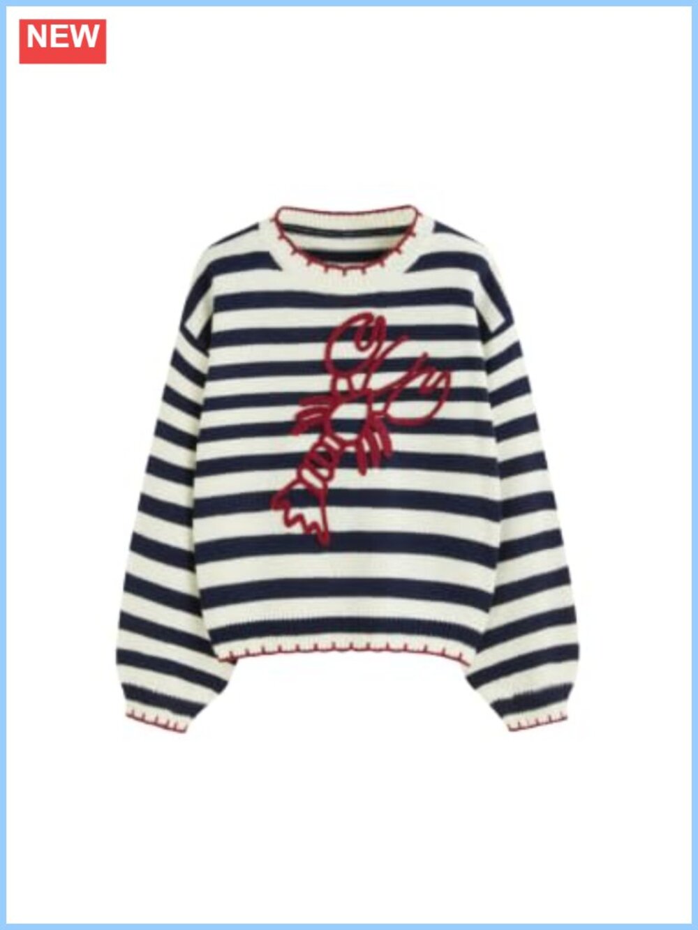Lobster Graphic Pullover Sweater Diamond Knit Scalloped Trim Cropped